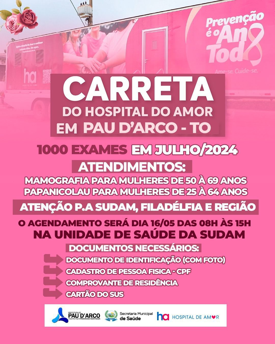 A Prefeitura de Pau D' arco, em parceria com o Hospital de Amor, realizará  exames de mamografia totalmente gratuitos.